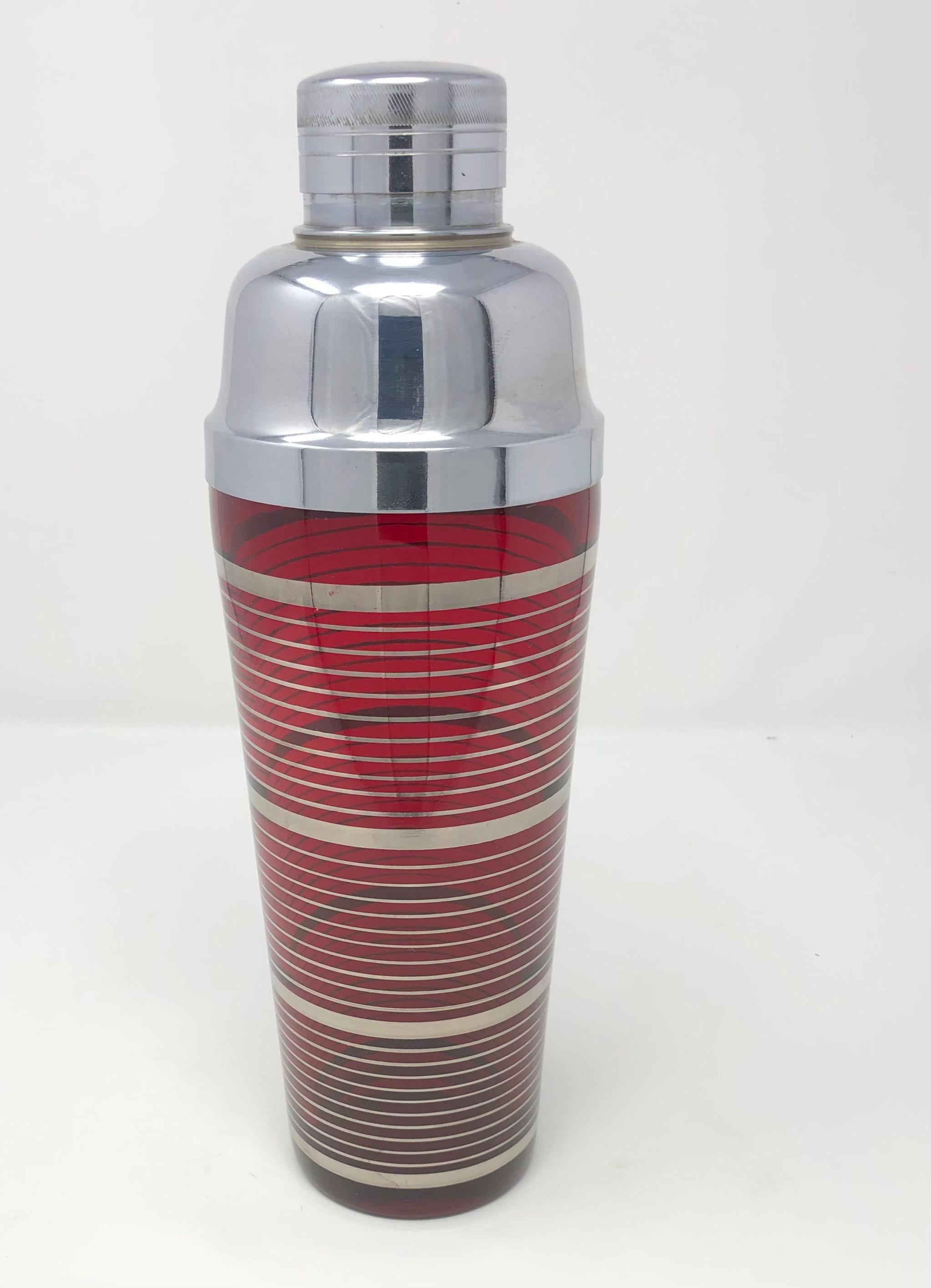 Art Deco Ruby Red Cocktail Shaker With Silver Bands And Chrome Lid For Sale 3