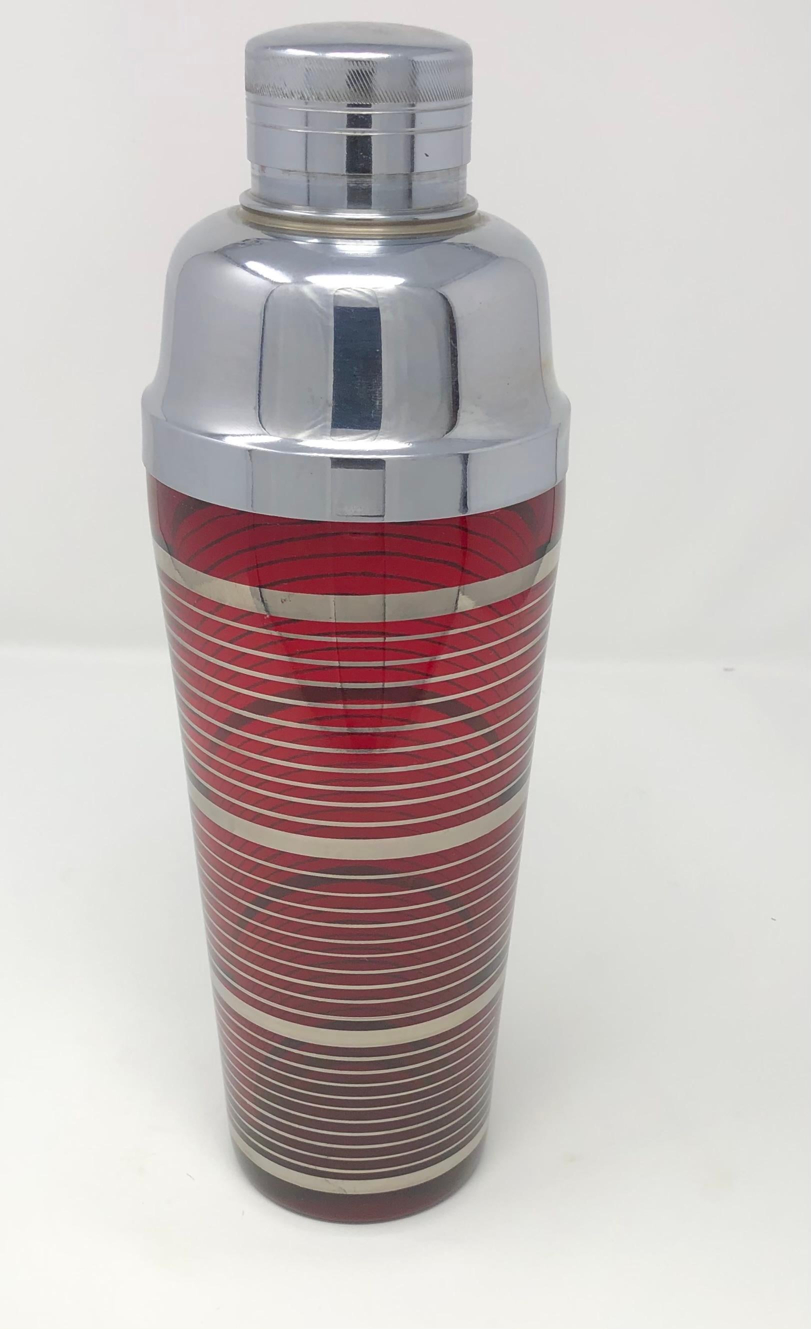 Art Deco Ruby Red Cocktail Shaker With Silver Bands And Chrome Lid For Sale 4