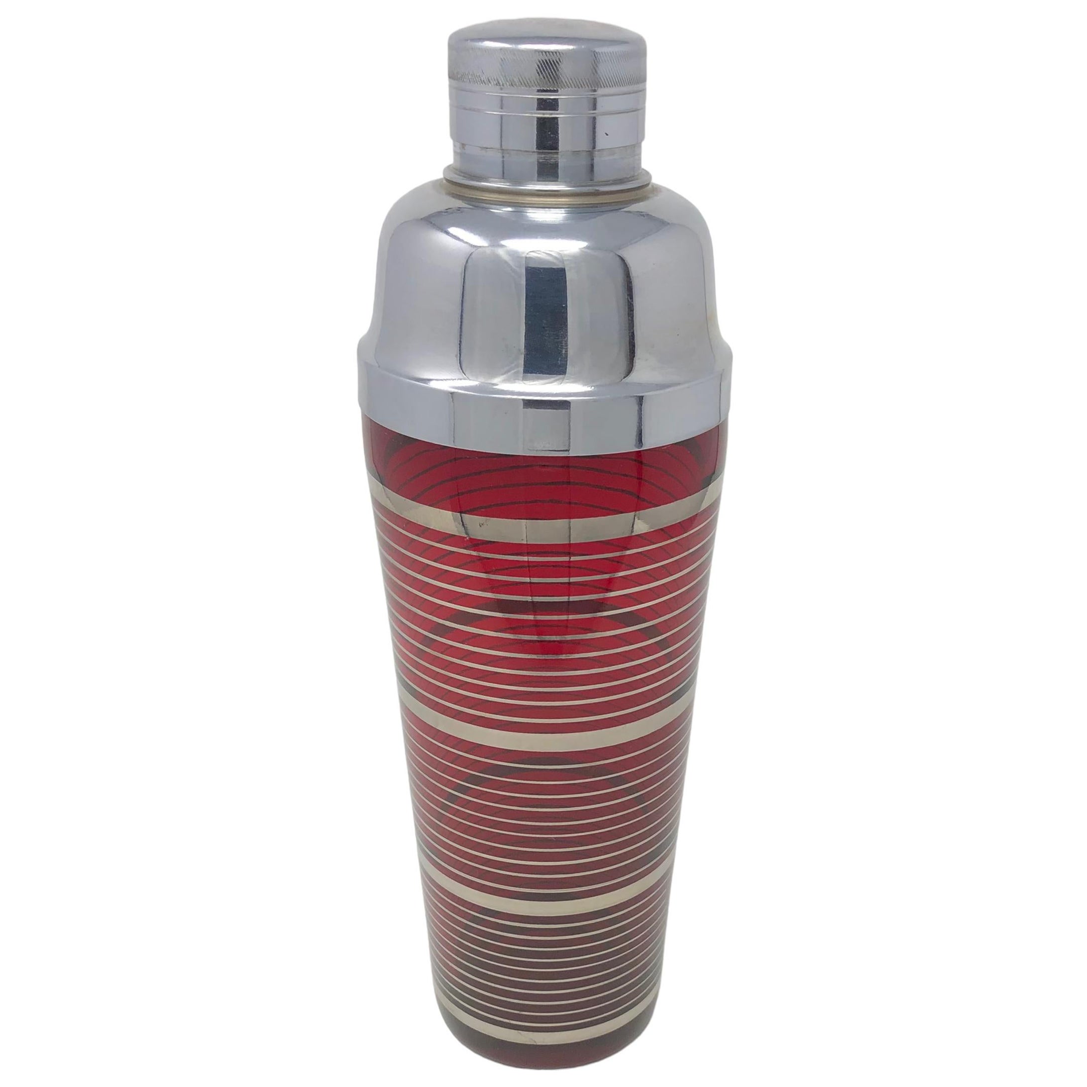 Rubinroter Art-Déco-Cocktailshaker mit Silberbändern und Chromdeckel