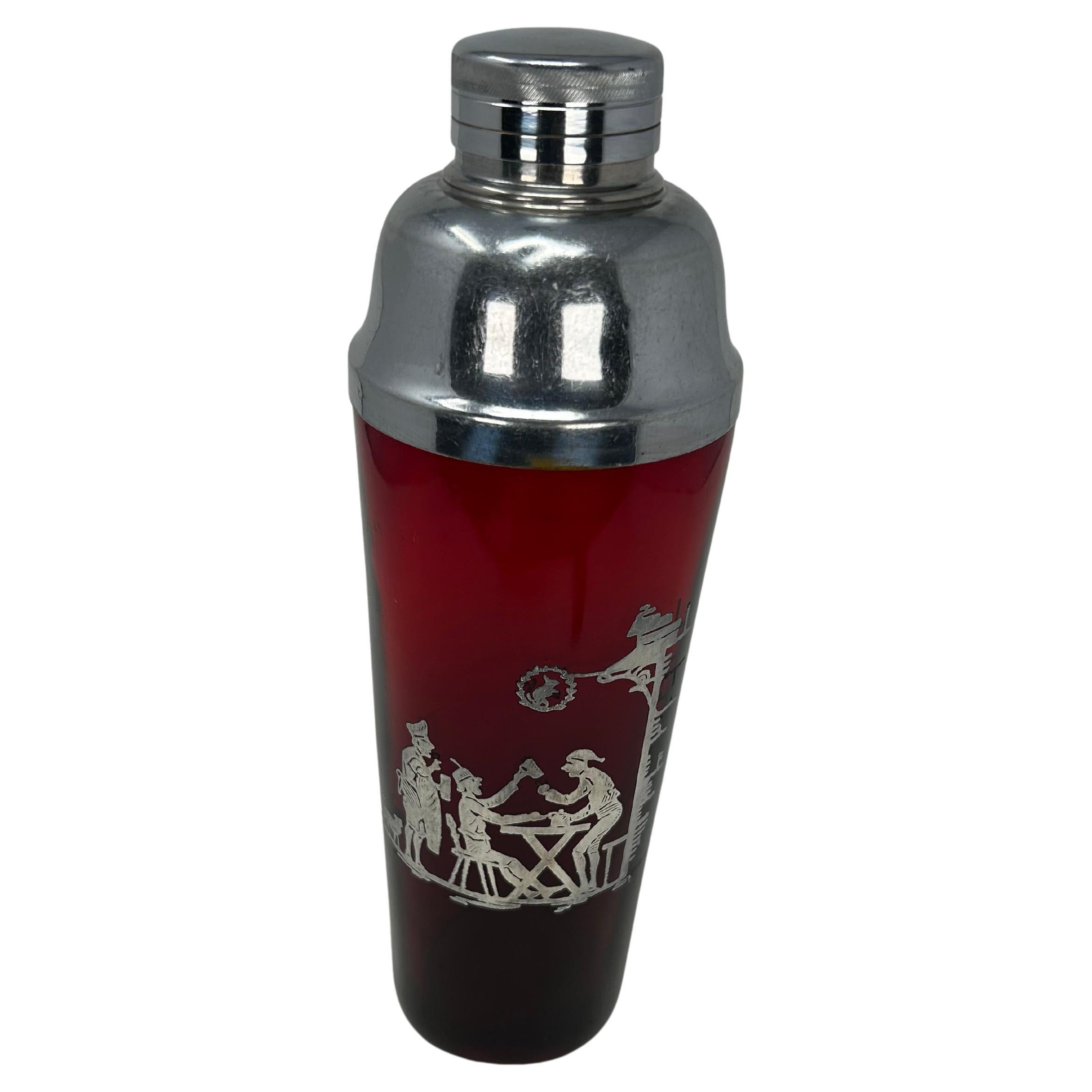 Art Deco Ruby Red Cocktail Shaker with Silver Overlay