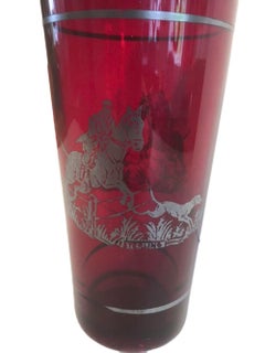 Art Deco Ruby Red Cocktail Shaker with Sterling Overlay Steeplechase Scene