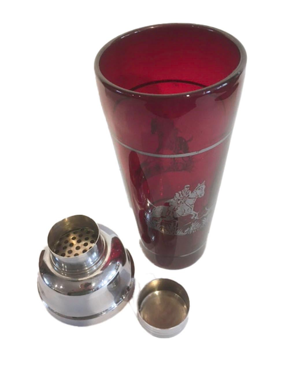 American Art Deco Ruby Red Cocktail Shaker with Sterling Overlay Steeplechase Scene For Sale