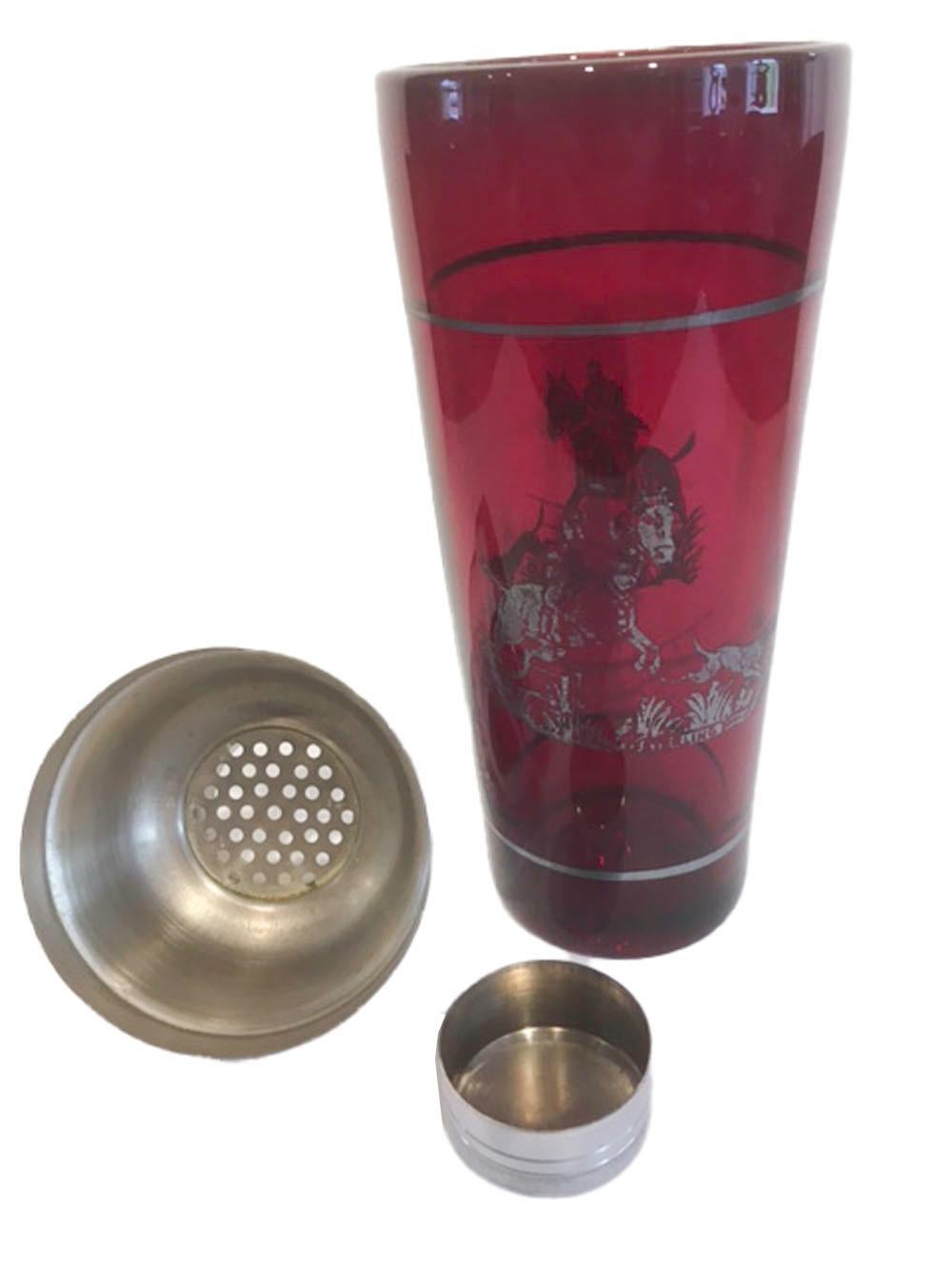 Mid-20th Century Art Deco Ruby Red Cocktail Shaker with Sterling Overlay Steeplechase Scene For Sale