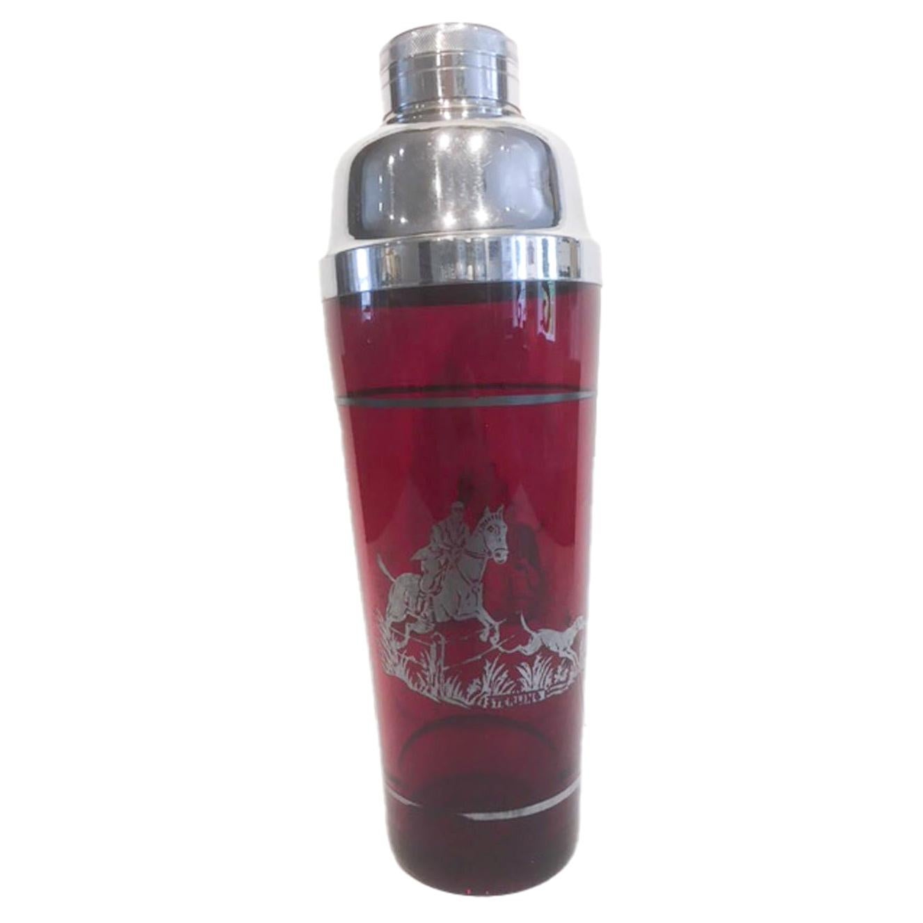 Art Deco Ruby Red Cocktail Shaker with Sterling Overlay Steeplechase Scene