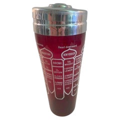 Art Deco Ruby Red Glass 14 Recipe Cocktail Shaker w/ White Graphics & Chrome Lid