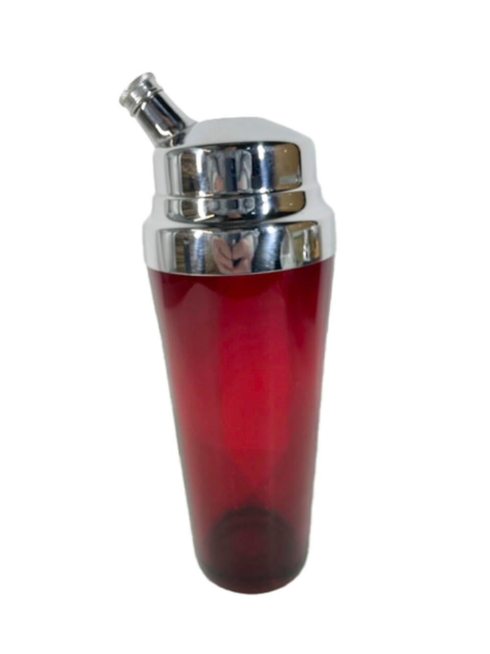 Ruby red glass cocktail shaker with a stepped high-domed chrome lid with a side pour spout.
