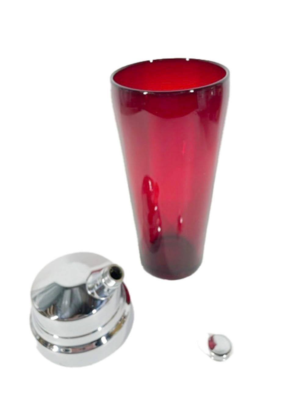 American Art Deco Ruby Red Glass Cocktail Shaker with a Stepped High Dome Chrome Lid