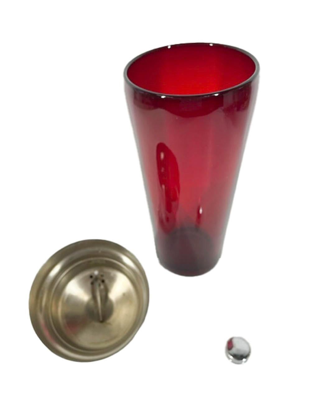20th Century Art Deco Ruby Red Glass Cocktail Shaker with a Stepped High Dome Chrome Lid