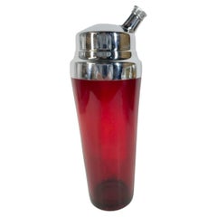 Art Deco Ruby Red Glass Cocktail Shaker with a Stepped High Dome Chrome Lid