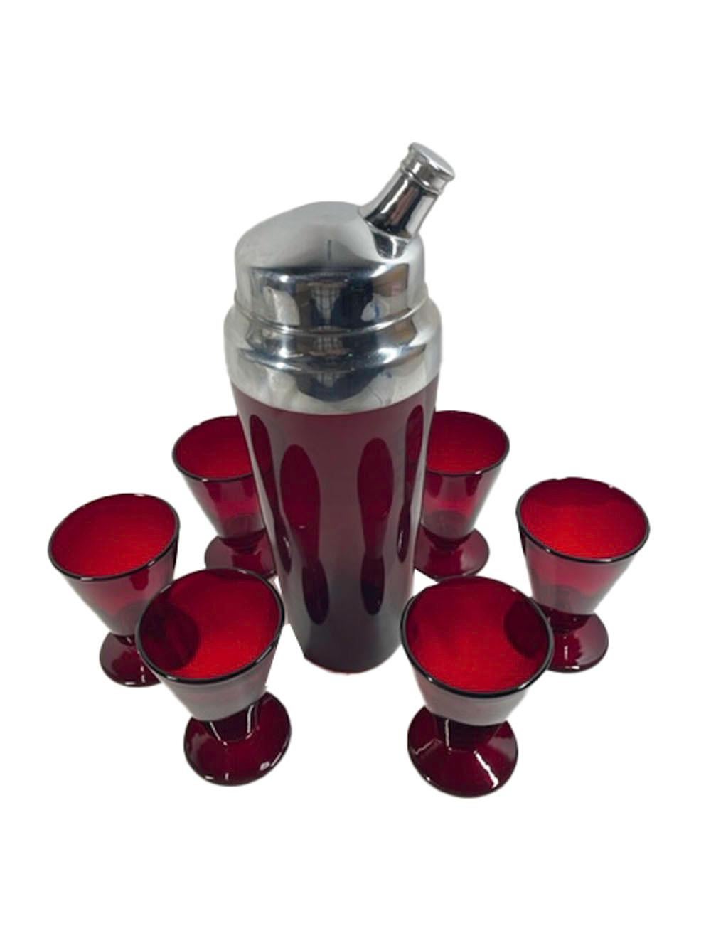 Art Deco cocktail shaker and 6 cocktail / martini glasses. The shaker with tapered body and domed chrome top along with six tapered stemless glasses with disk foot.