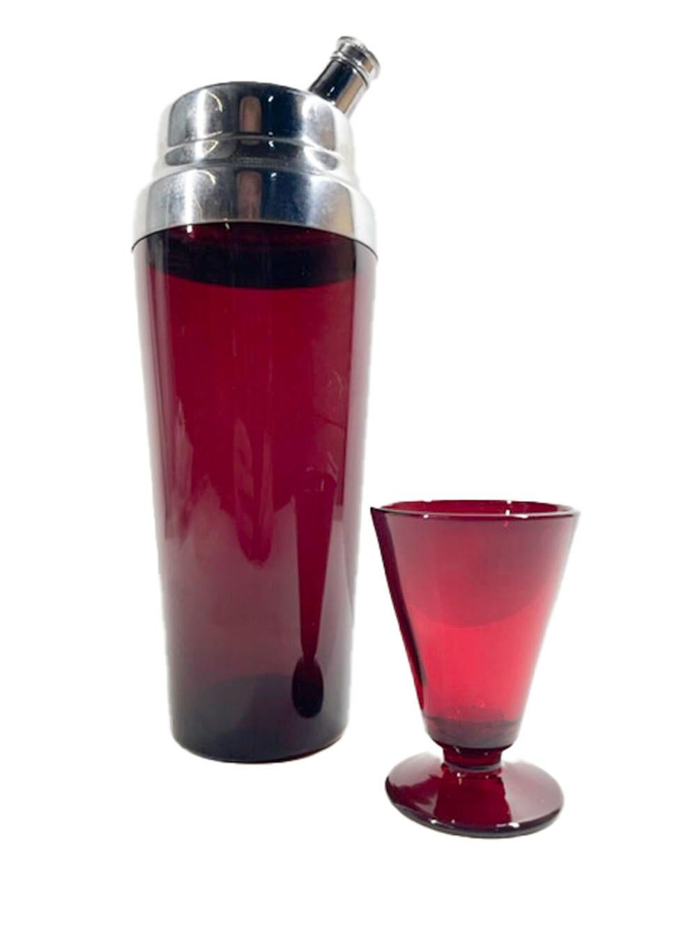 American Art Deco Ruby Red Glass Cocktail Shaker with Chrome Lid and 6 Cocktail Glasses