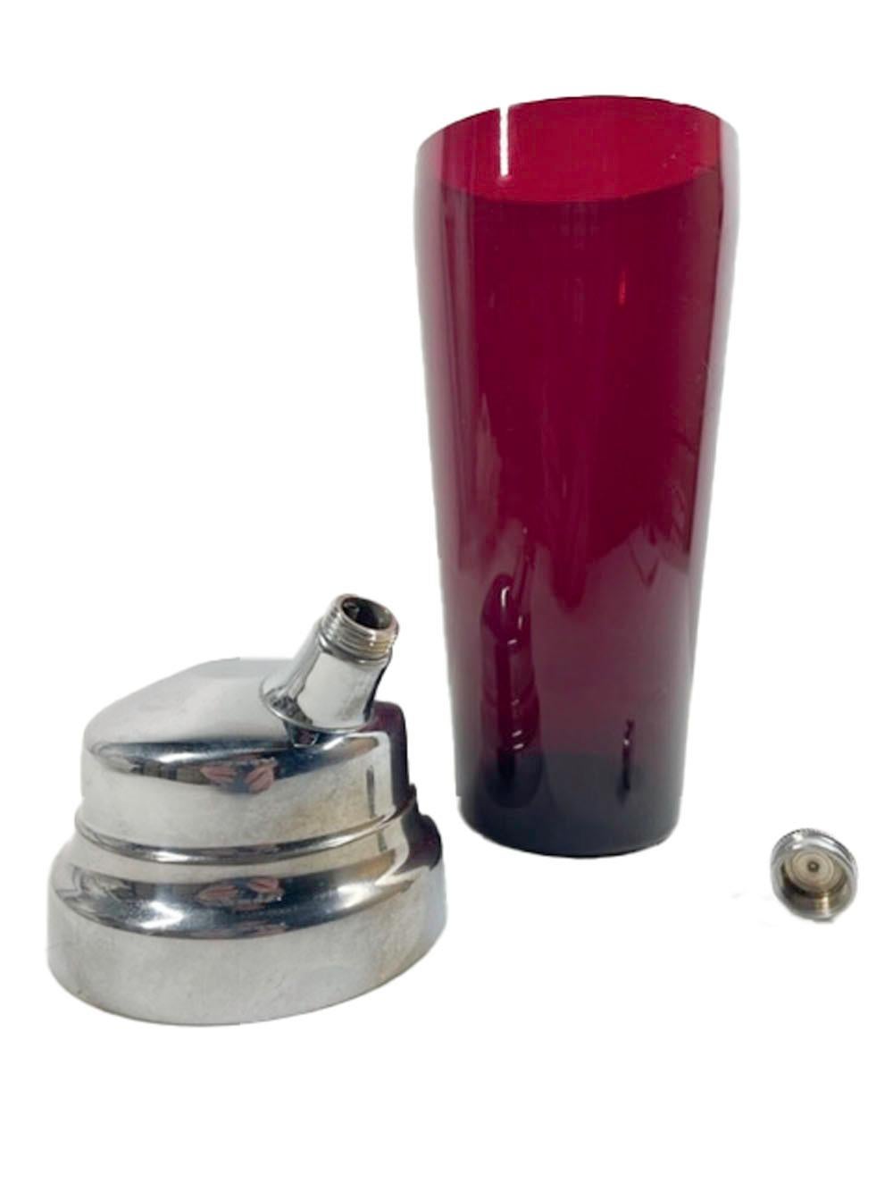 20th Century Art Deco Ruby Red Glass Cocktail Shaker with Chrome Lid and 6 Cocktail Glasses