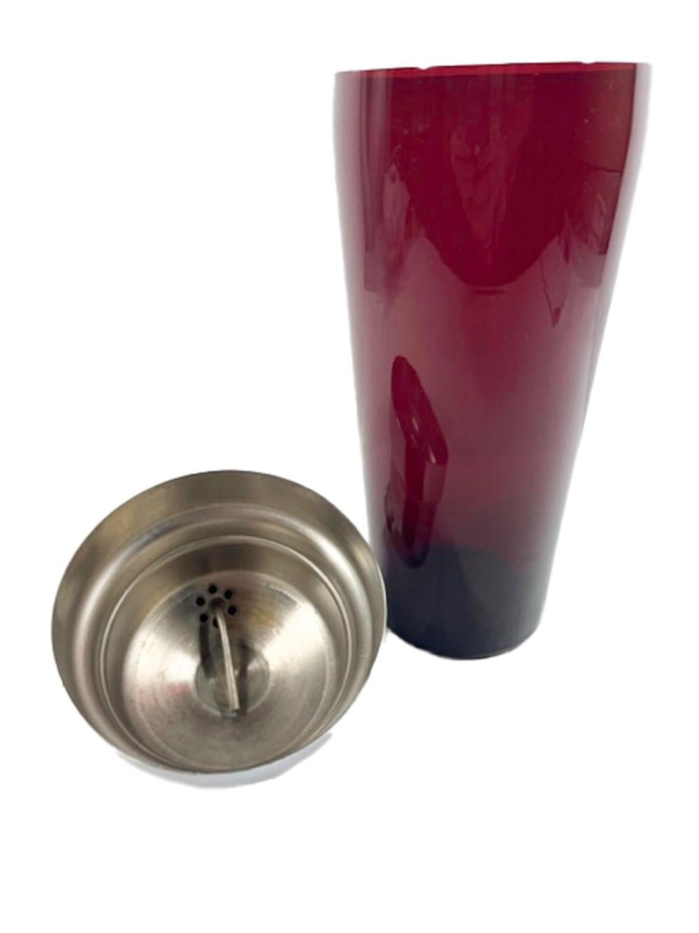 Art Deco Ruby Red Glass Cocktail Shaker with Chrome Lid and 6 Cocktail Glasses 1
