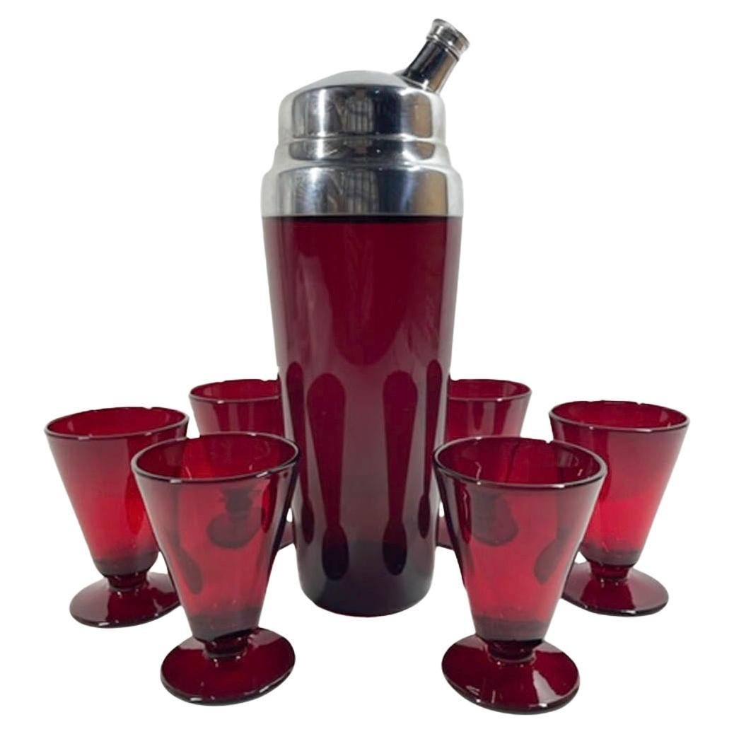 Art Deco Ruby Red Glass Cocktail Shaker with Chrome Lid and 6 Cocktail Glasses