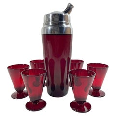 Art Deco Ruby Red Glass Cocktail Shaker with Chrome Lid and 6 Cocktail Glasses