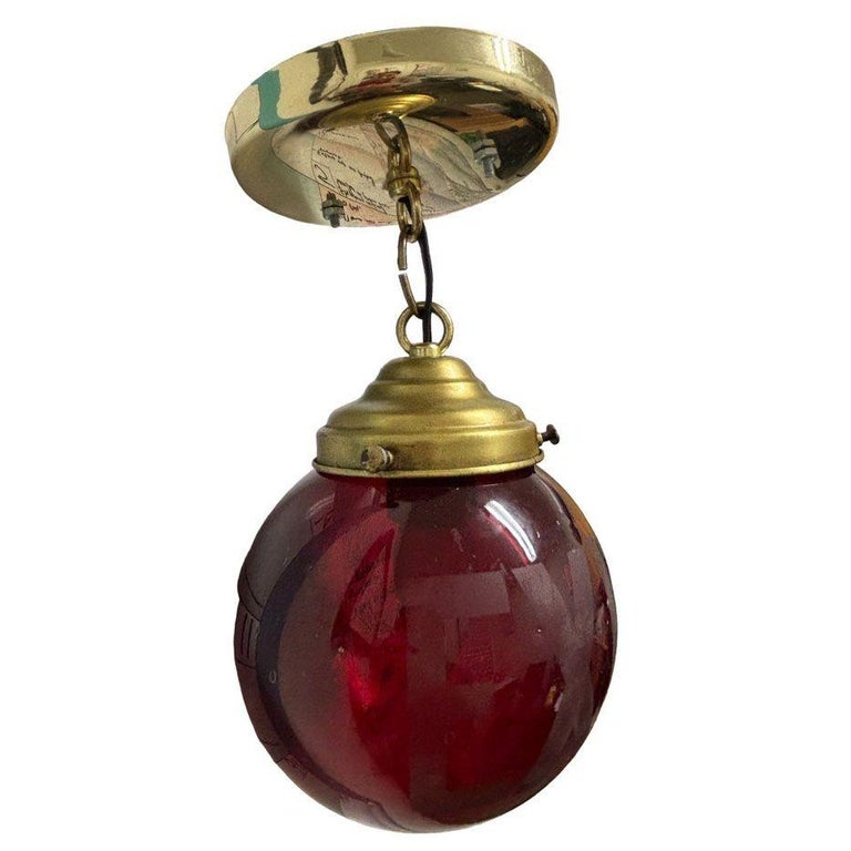 Art Deco Ruby Red Glass Etched Exit Sign Glass Globe Shade w Brass