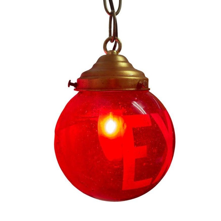 Art Deco Ruby Red Glass Etched Exit Sign Glass Globe Shade w Brass