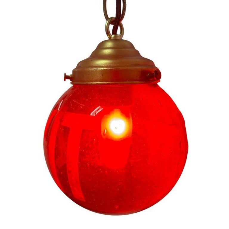 Art Deco Ruby Red Glass Etched Exit Sign Glass Globe Shade w Brass