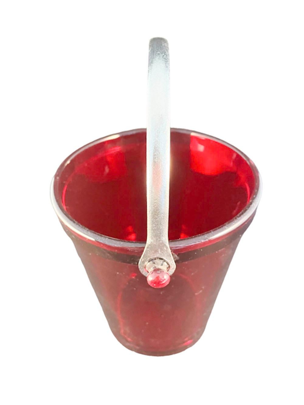 20th Century Art Deco Ruby Red Glass Ice Bucket with Chromed Metal Bail Handle by Fostoria For Sale