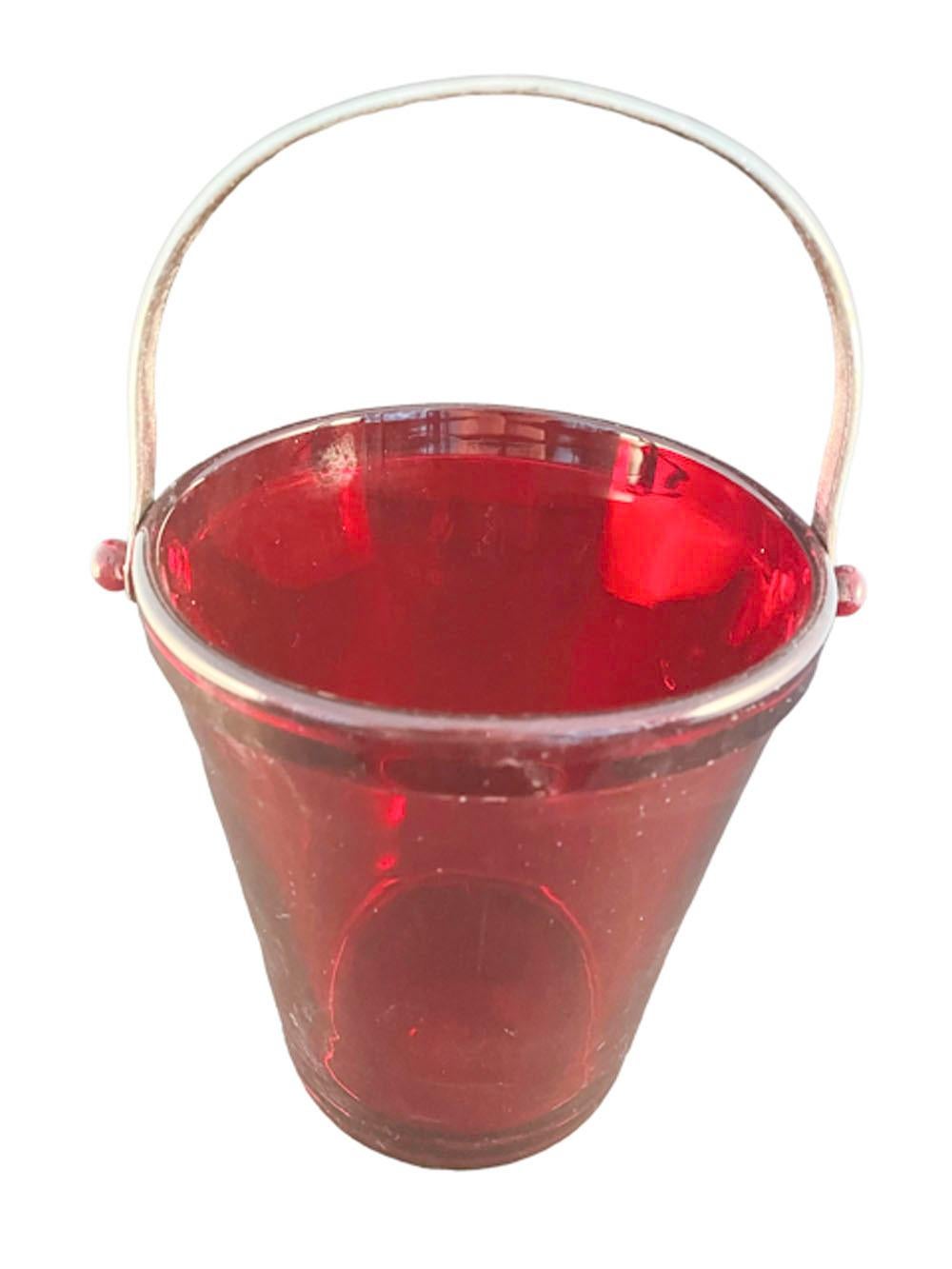 Art Deco Ruby Red Glass Ice Bucket with Chromed Metal Bail Handle by Fostoria For Sale 1
