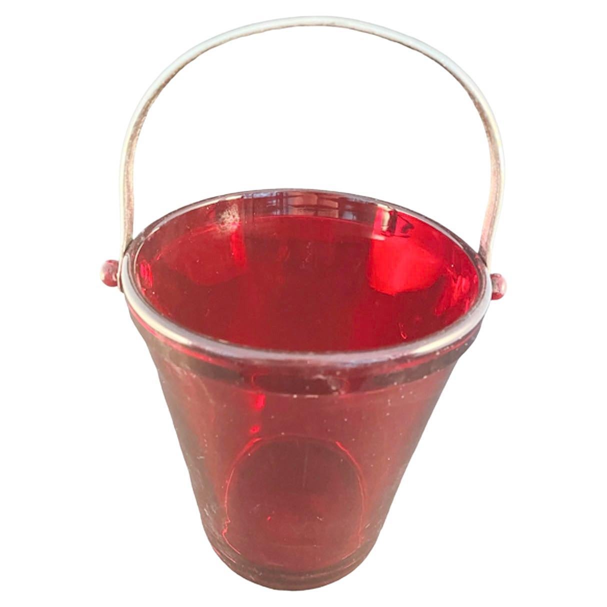Art Deco Ruby Red Glass Ice Bucket with Chromed Metal Bail Handle by Fostoria For Sale