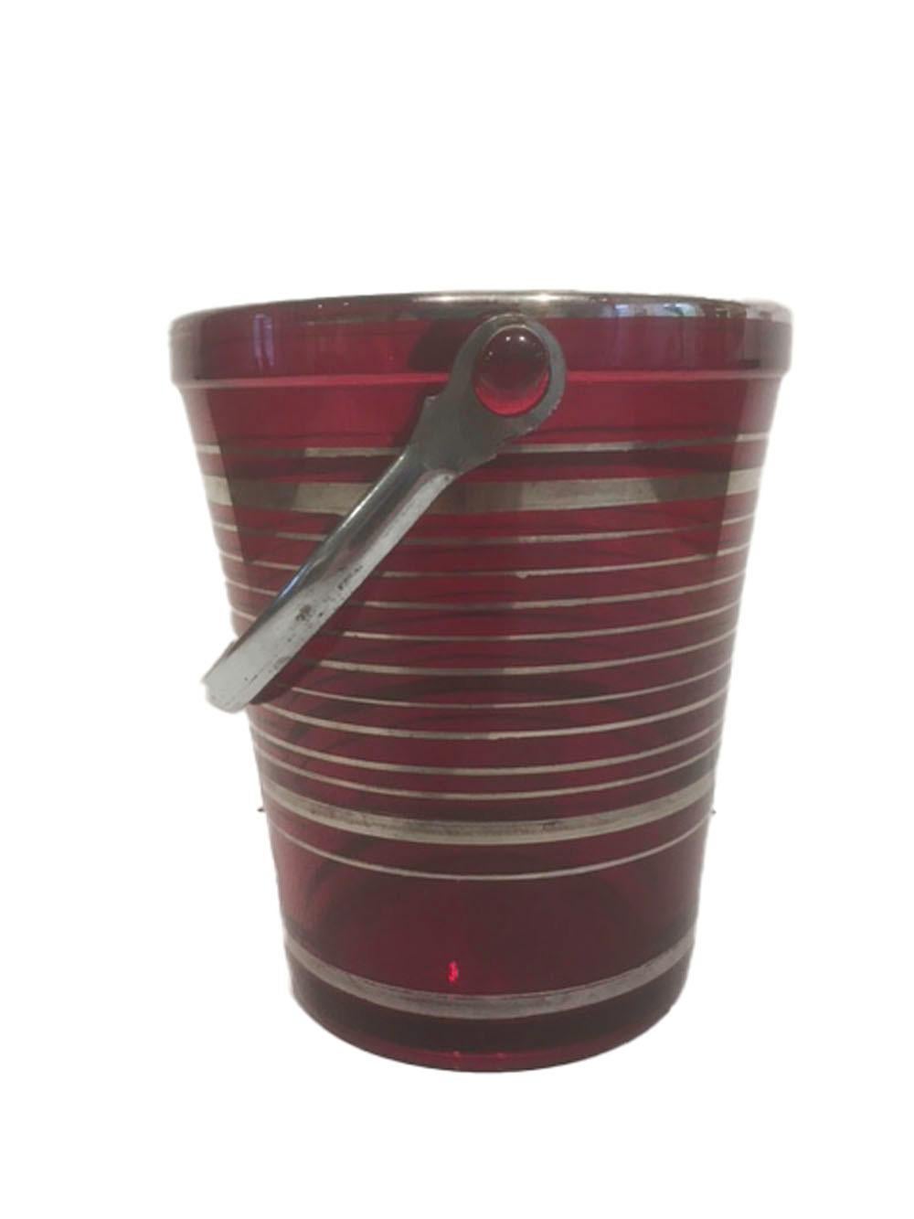 American Art Deco Ruby Red Glass Pail-Form Ice Bucket with Silver Bands & Chromed Handle