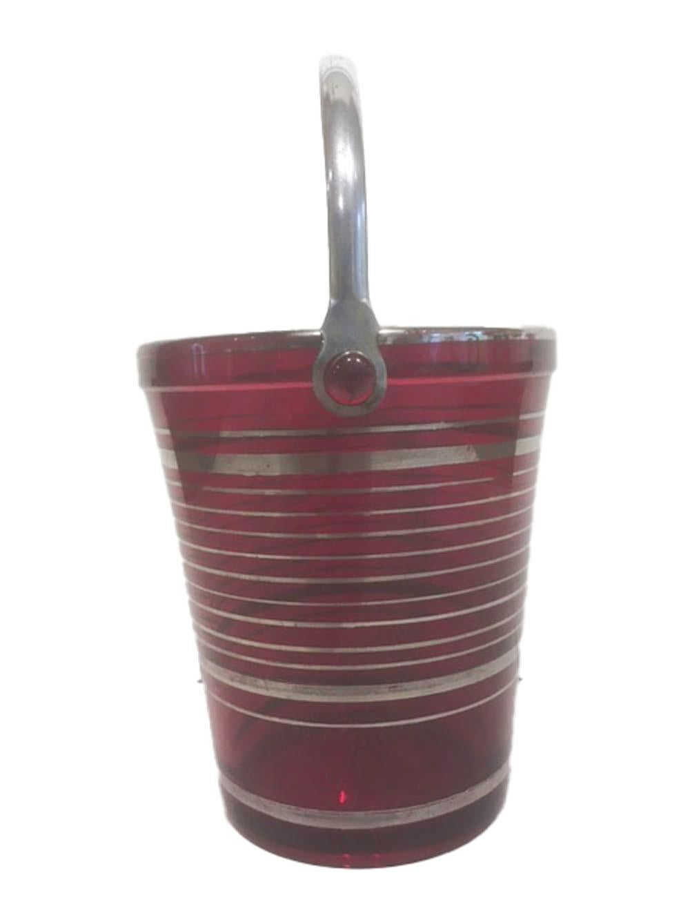 Art Deco Ruby Red Glass Pail-Form Ice Bucket with Silver Bands & Chromed Handle In Good Condition In Nantucket, MA