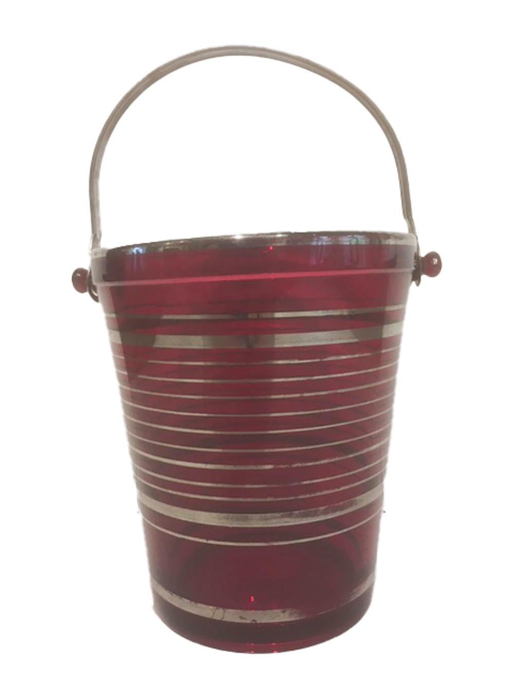 20th Century Art Deco Ruby Red Glass Pail-Form Ice Bucket with Silver Bands & Chromed Handle