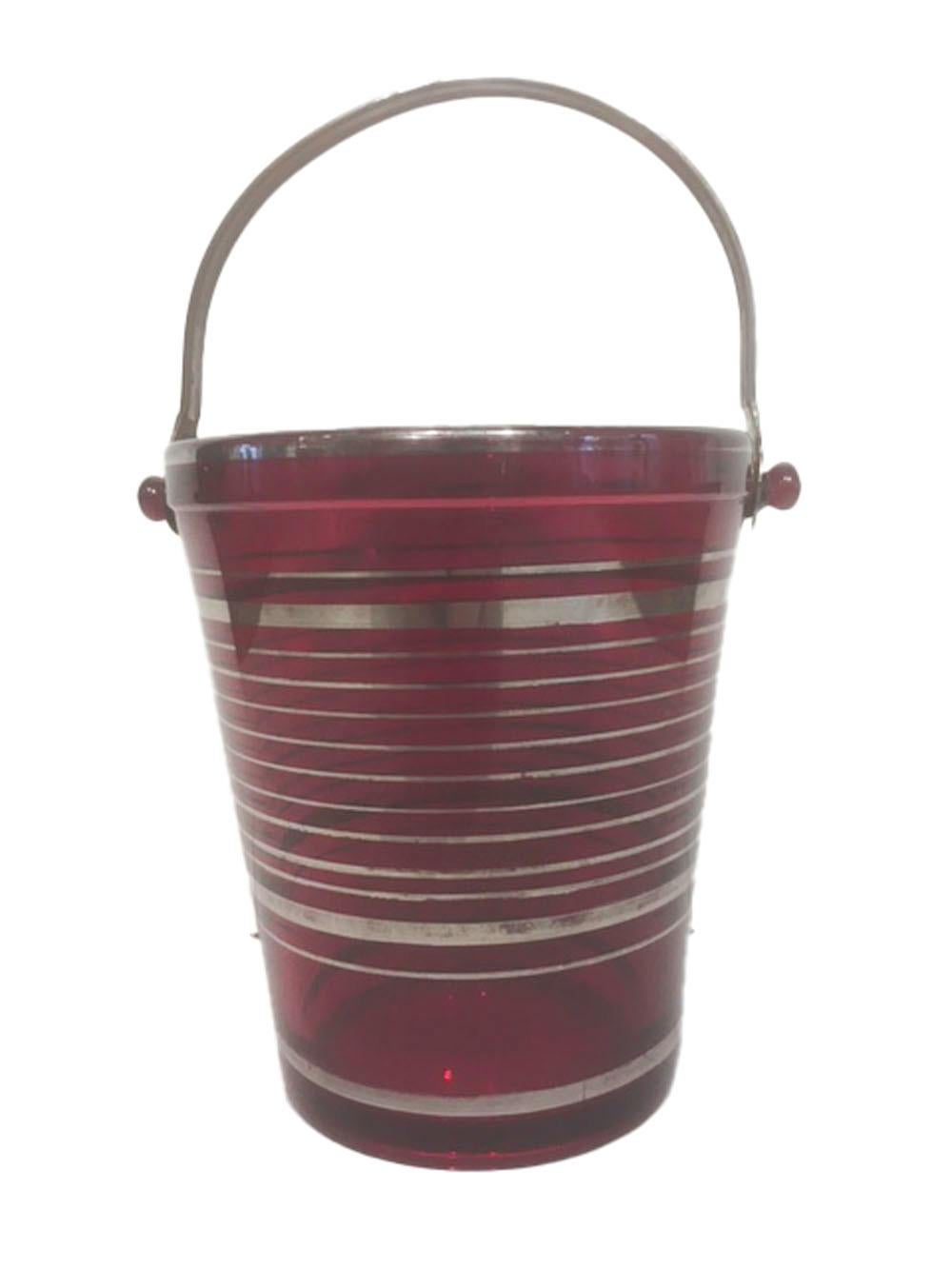 Art Deco Ruby Red Glass Pail-Form Ice Bucket with Silver Bands & Chromed Handle 1