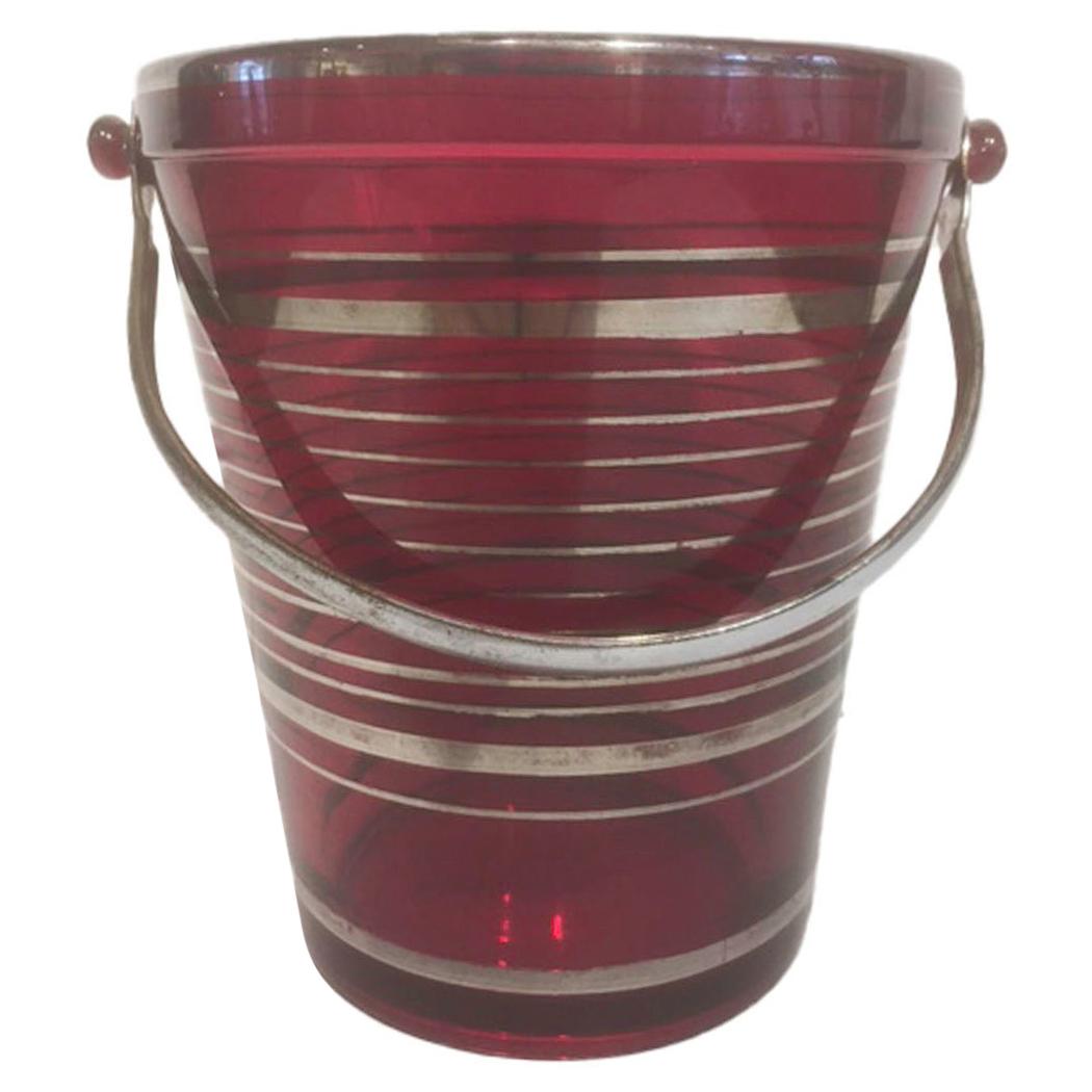 Art Deco Ruby Red Glass Pail-Form Ice Bucket with Silver Bands & Chromed Handle
