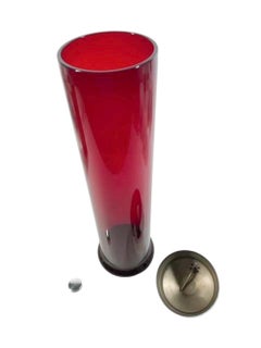 Art Deco Ruby Red Glass "Skyscraper" Cocktail shaker with Chrome Lid