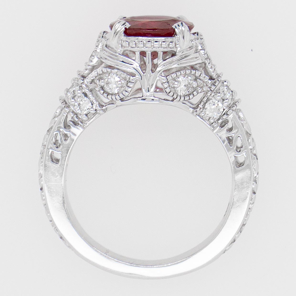 Women's Art Deco Ruby Ring 1.86 Carat Set with Diamonds 0.31 Carats 18k White Gold For Sale