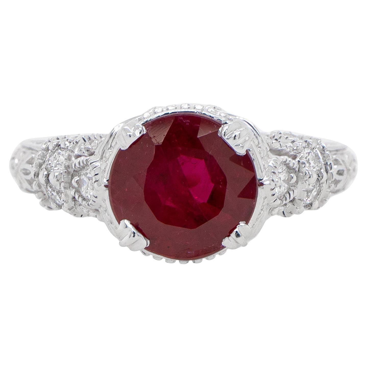 Art Deco Ruby Ring 1.86 Carat Set with Diamonds 0.31 Carats 18k White Gold For Sale