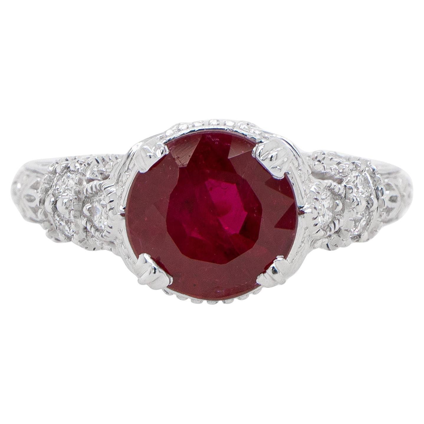 Art Deco Ruby Ring 1.86 Carat Set with Diamonds 0.31 Carats 18k White Gold