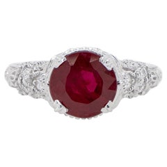 Vintage Art Deco Ruby Ring 1.86 Carat Set with Diamonds 0.31 Carats 18k White Gold