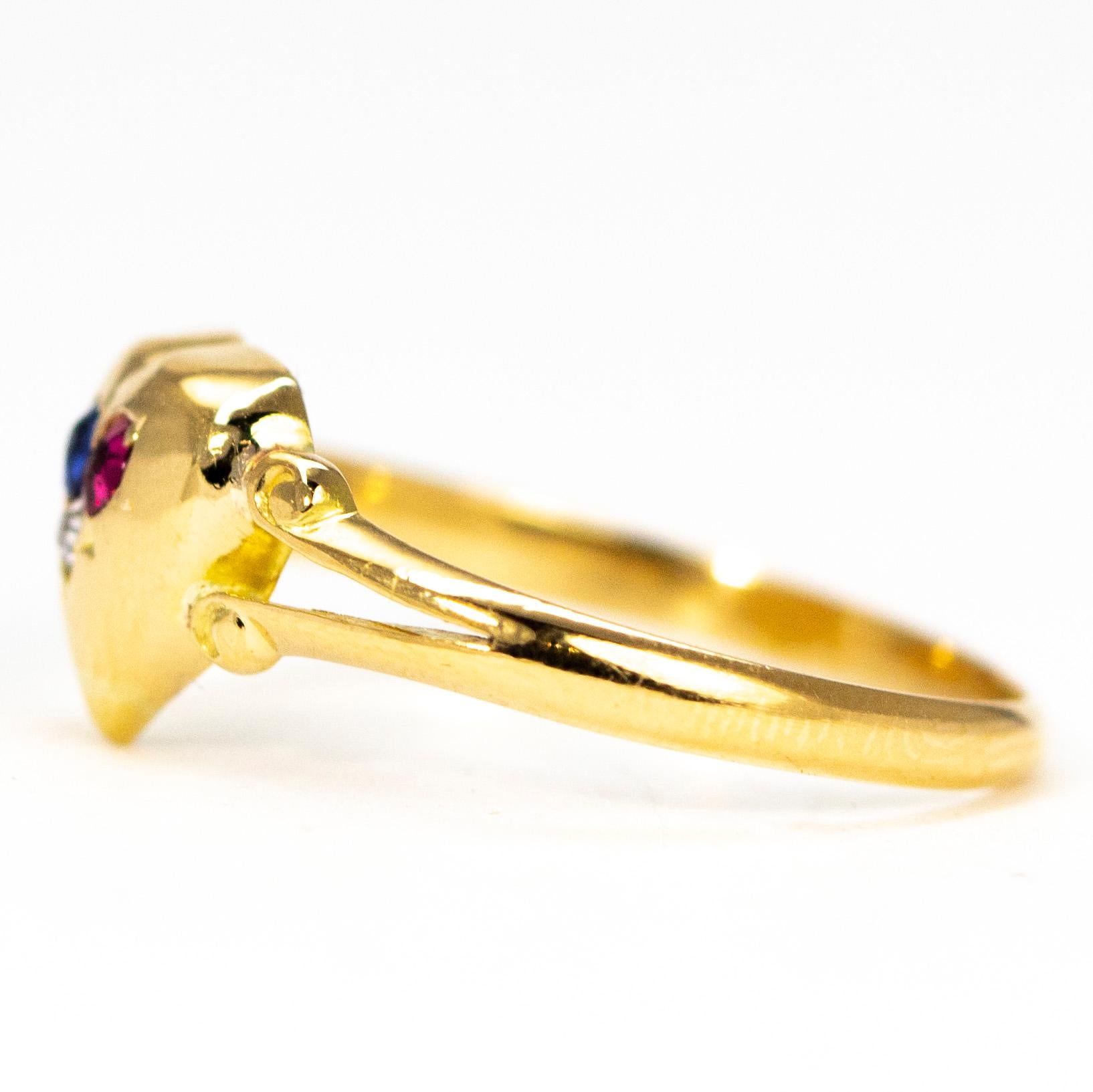 Art Deco Ruby, Sapphire and Diamond 18 Carat Gold Heart Ring In Good Condition In Chipping Campden, GB