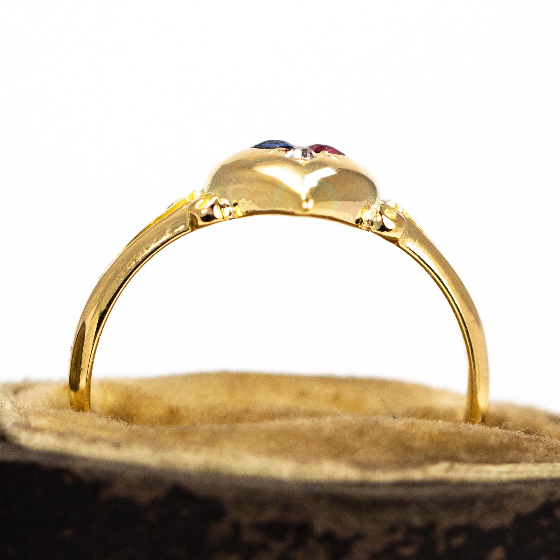 Art Deco Ruby, Sapphire and Diamond 18 Carat Gold Heart Ring 1