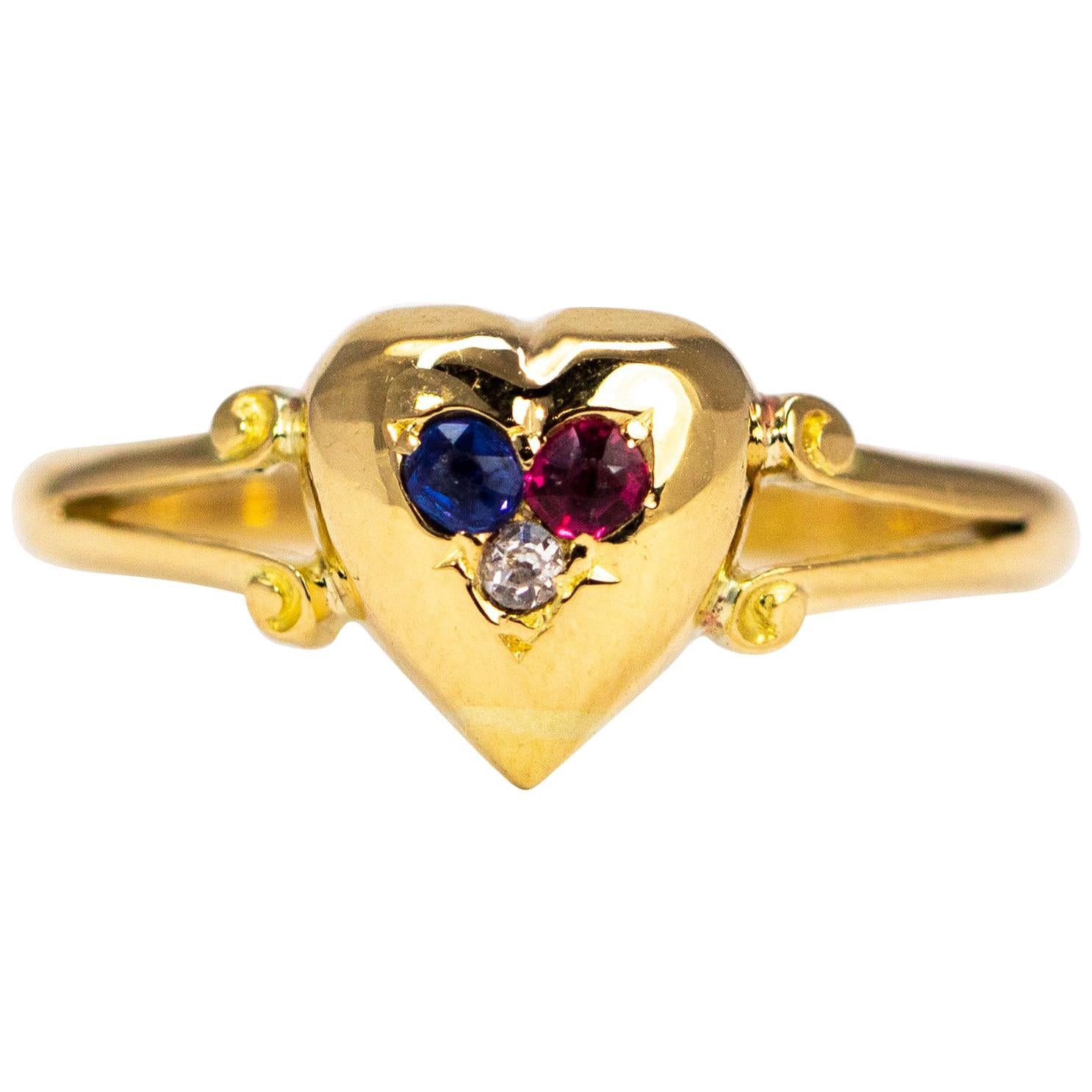 Art Deco Ruby, Sapphire and Diamond 18 Carat Gold Heart Ring