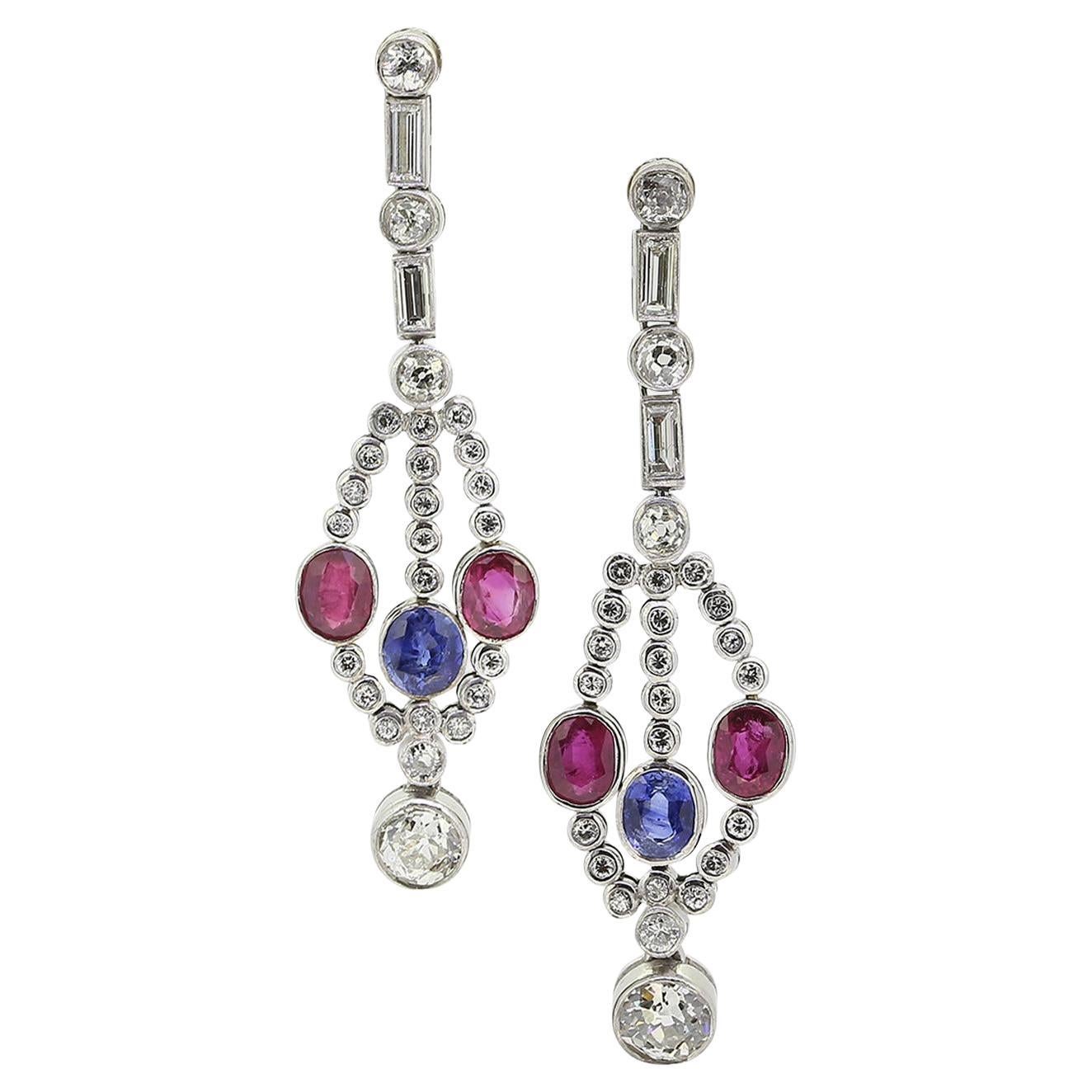 Art Deco Ruby Sapphire and Diamond Drop Earrings