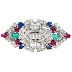 Art Deco Ruby Sapphire Diamond Platinum Vintage Tutti Frutti Brooch Clips