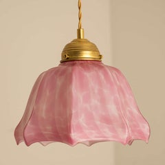 Art Deco Ruffled Murano Hand Blown Glass Pendant Pink Marbled, 1970