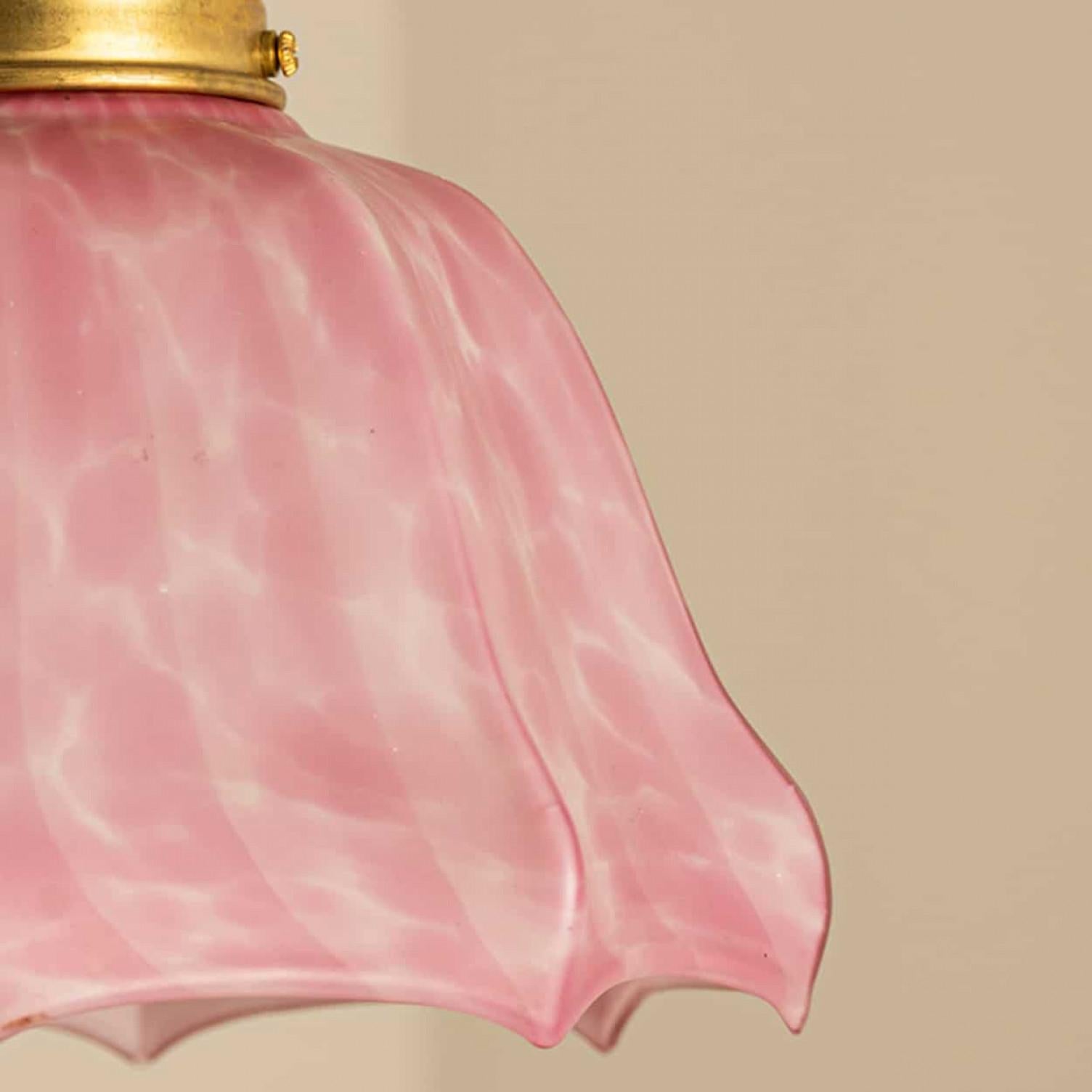 Italian Art Deco Ruffled Murano Hand Blown Glass Pendant Pink Marbled, 1970 For Sale