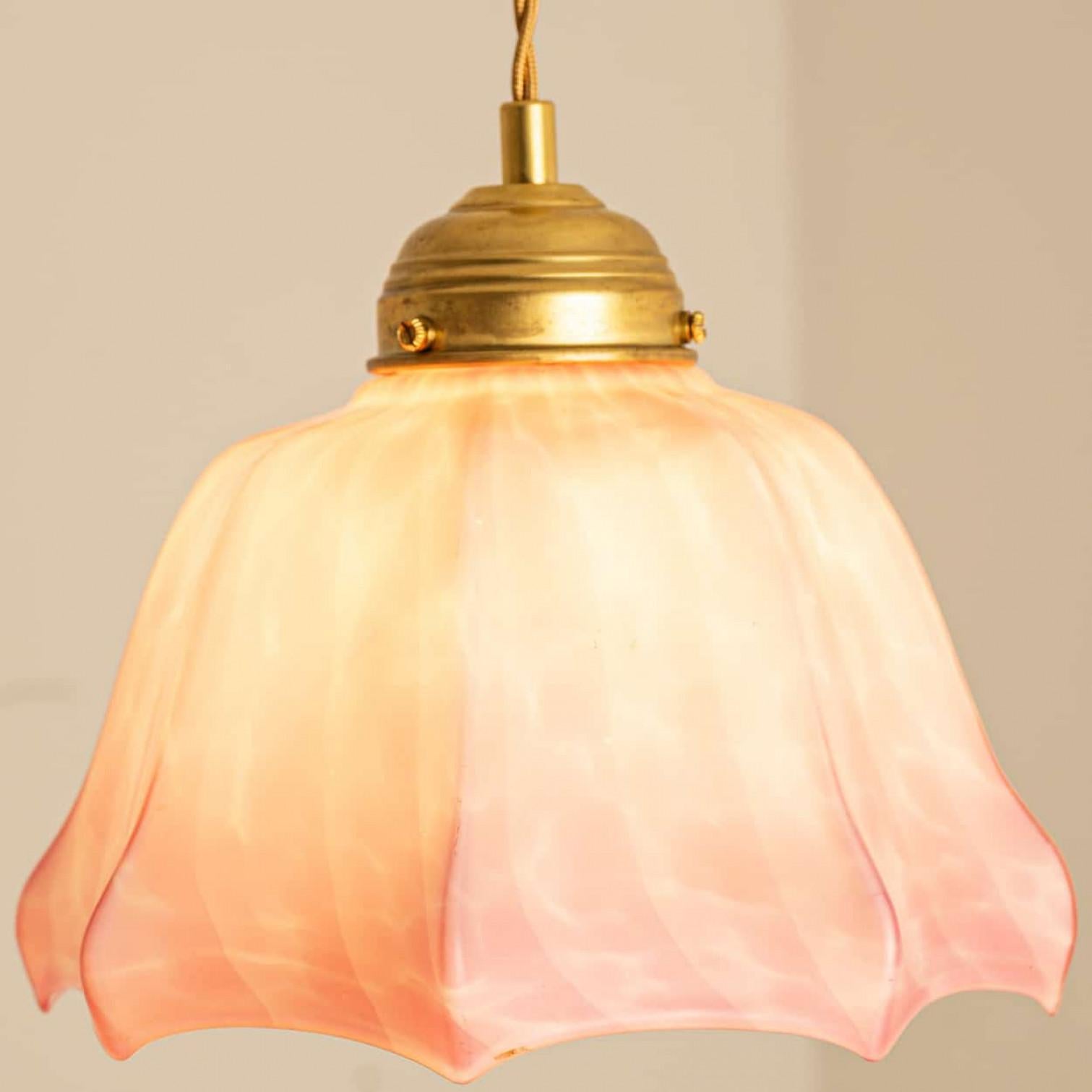 Other Art Deco Ruffled Murano Hand Blown Glass Pendant Pink Marbled, 1970 For Sale