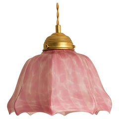 Art Deco Ruffled Murano Hand Blown Glass Pendant Pink Marbled, 1970