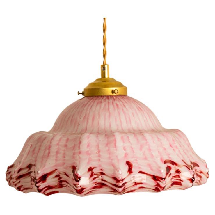 Art Deco Ruffled Murano Hand Blown Glass Pendant Pink White, 1970