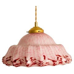 Art Deco Ruffled Murano Hand Blown Glass Pendant Pink White, 1970