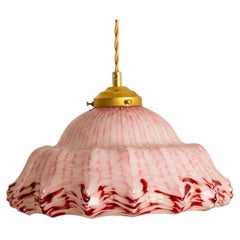 Art Deco Ruffled Murano Hand Blown Glass Pendant Pink White, 1970