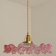 Art Deco Ruffled Murano Hand Blown Glass Pendant Transparent Pink, 1970