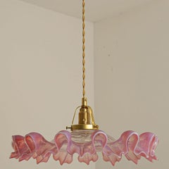 Art Deco Ruffled Murano Hand Blown Glass Pendant Transparent Pink, 1970