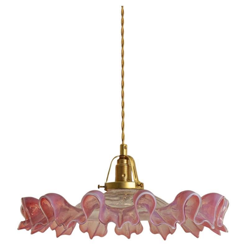 Art Deco Ruffled Murano Hand Blown Glass Pendant Transparent Pink, 1970